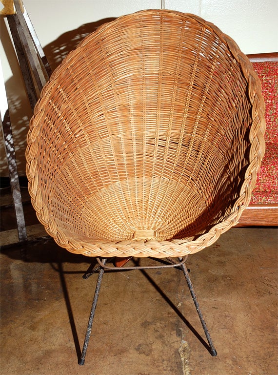 FRENCH 1950'S WICKER SEAT CHAIR WITH IRON BASE.