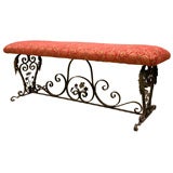 1920s Spanish Revival Upholstered Iron Bench