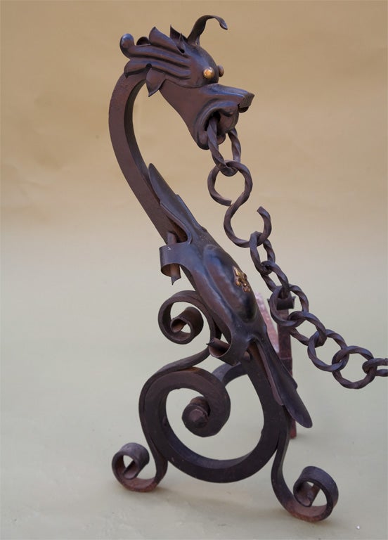 20th Century Wrought Iron Dragon Andirons
