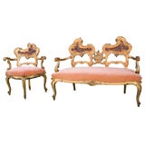 Gilded French Armchair and Settee w/Hand Painted Backs
