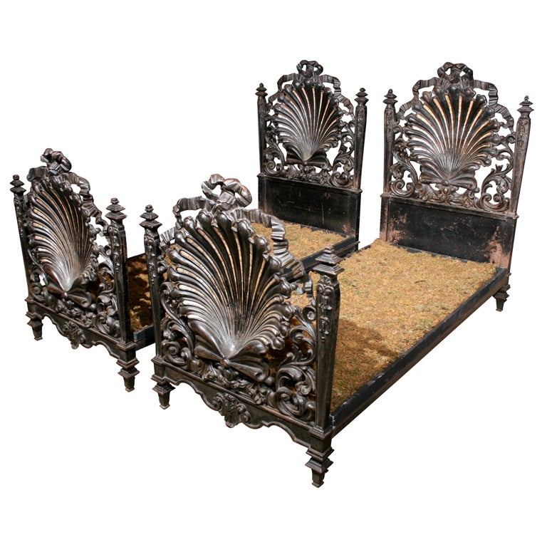 Pair of Italian cast iron and mother of pearl beds For Sale