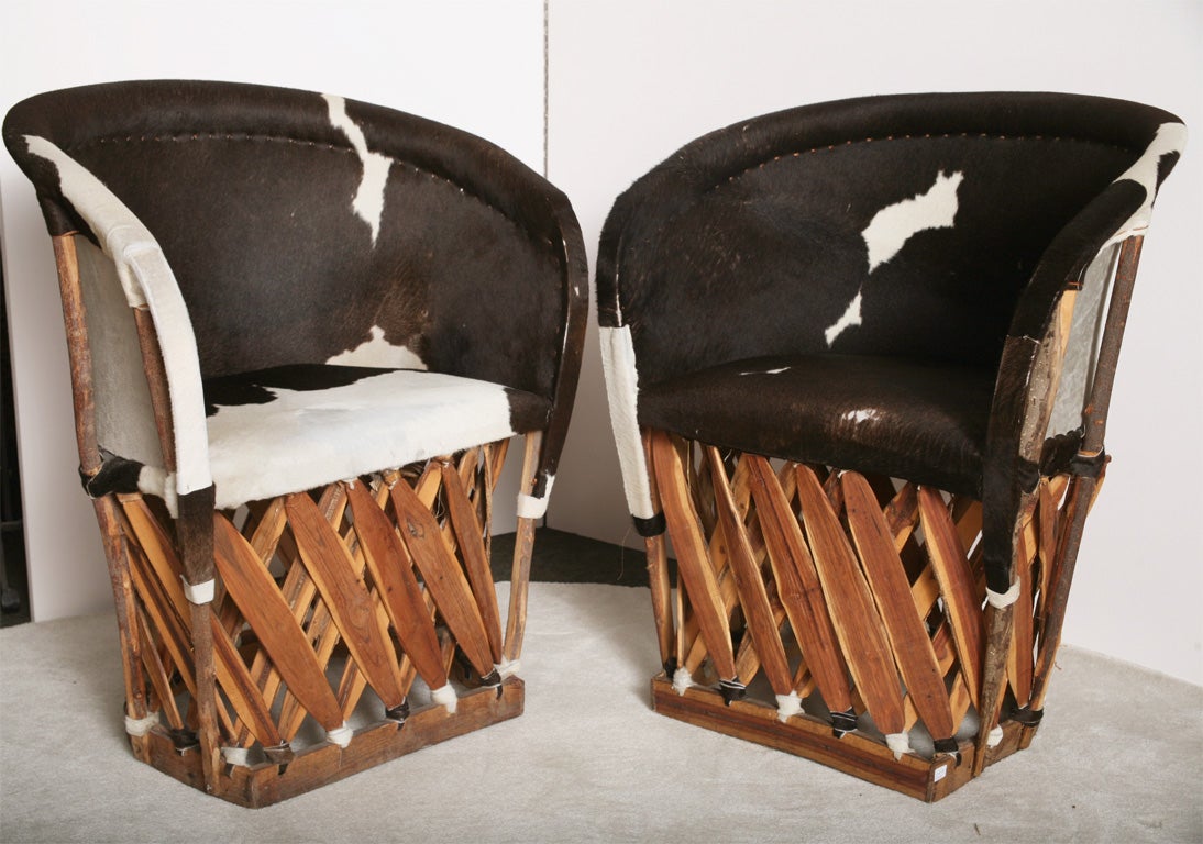 Rustic pair of barrel chairs covered in white and dark brown cow hide