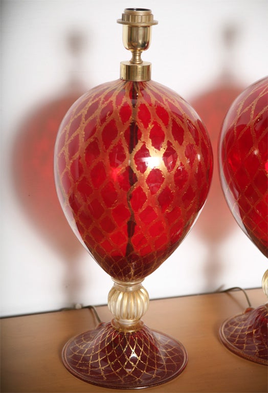 Tall Ruby Red and Gold Leaf, Murano Glass Table Lamps, 1975s