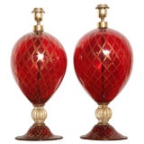 Vintage Tall Ruby Red and Gold Leaf, Murano Glass Table Lamps, 1975s