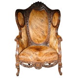 C. 1880 Skin Covered Walnut Carved Grand Chair