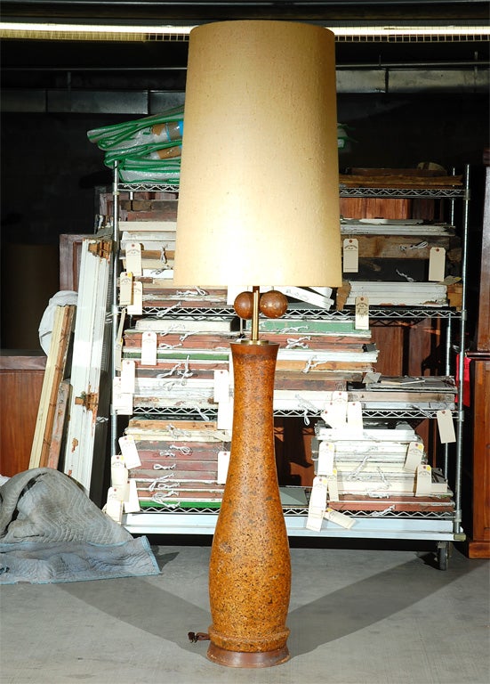 This lamp is so fun! It's a c. 1950-60 all cork 7ft tall floor lamp, with two tennis ball size cork ball pulls. The shade alone is 2ft. 9 in, so that could be changed if you wanted more of a mid size lamp. It's in great condition, screams mid