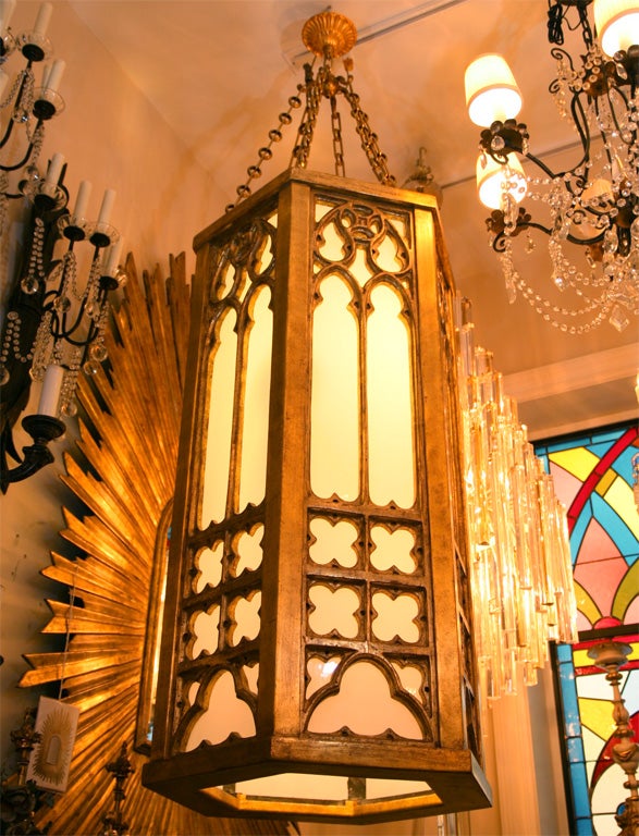 English Hexagonal Carved Wood Lantern