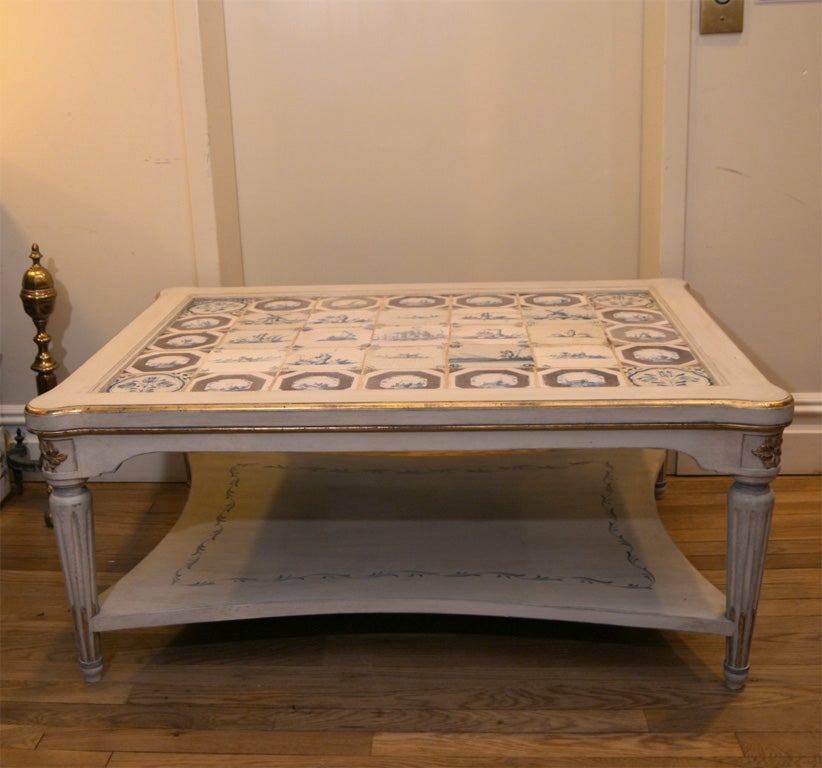 Swedish Gustavian Style Two-Tiered Coffee Table with Delft Tiles In Excellent Condition In New York, NY