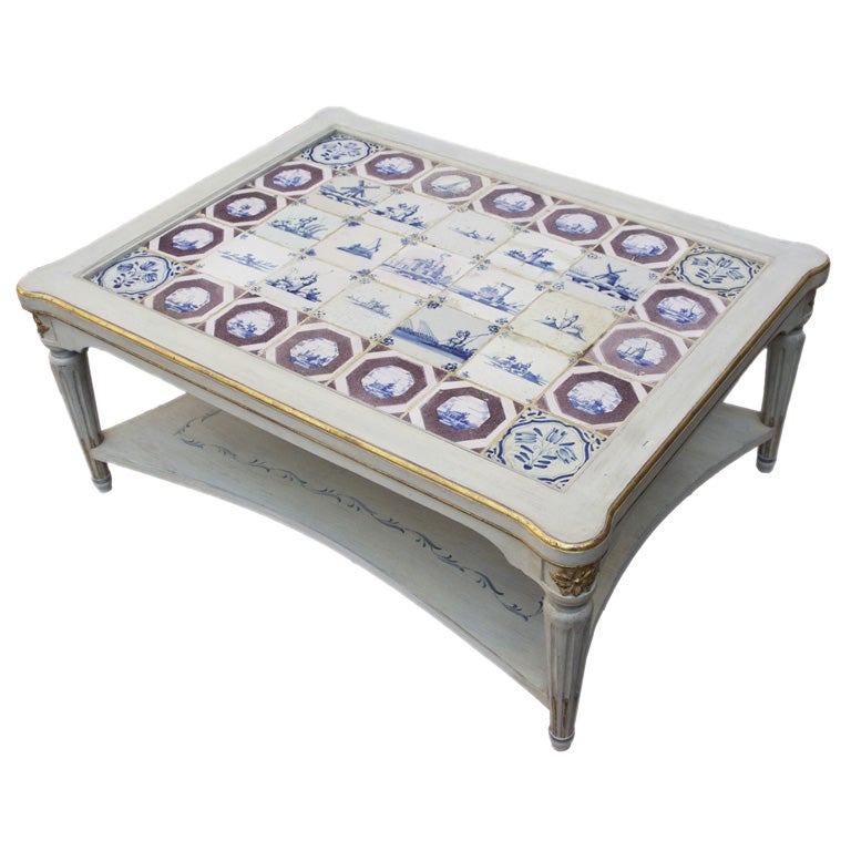 Swedish Gustavian Style Two-Tiered Coffee Table with Delft Tiles