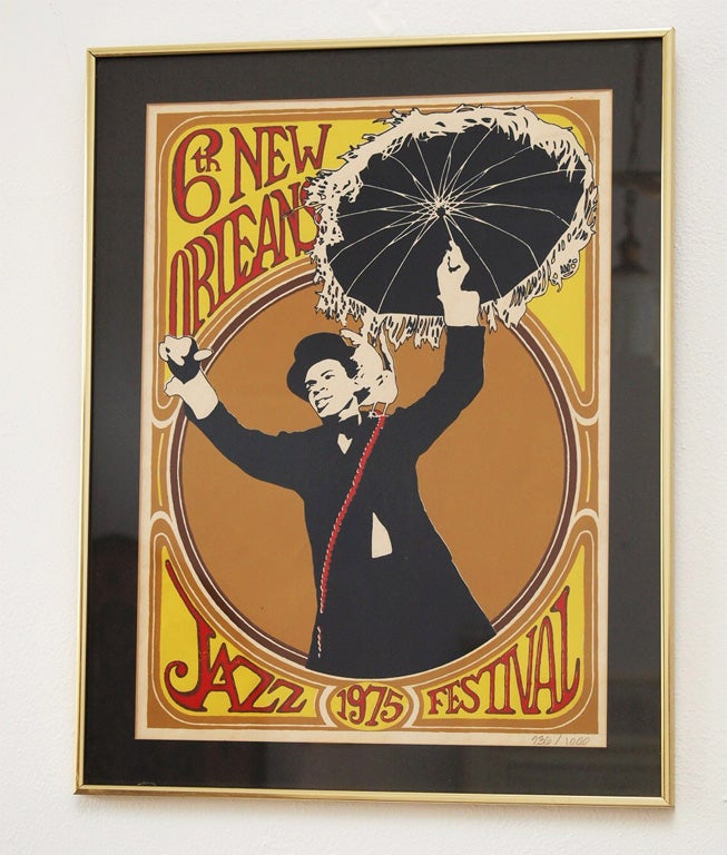 Vintage 1975 New Orleans Jazz & Heritage Festival poster.  First in the series by Sharon Dinkins and Thom Grafton.  Published as a limited-edition serigraph in an edition of 1000 numbered prints plus a second printing of 300 numbered prints.  This