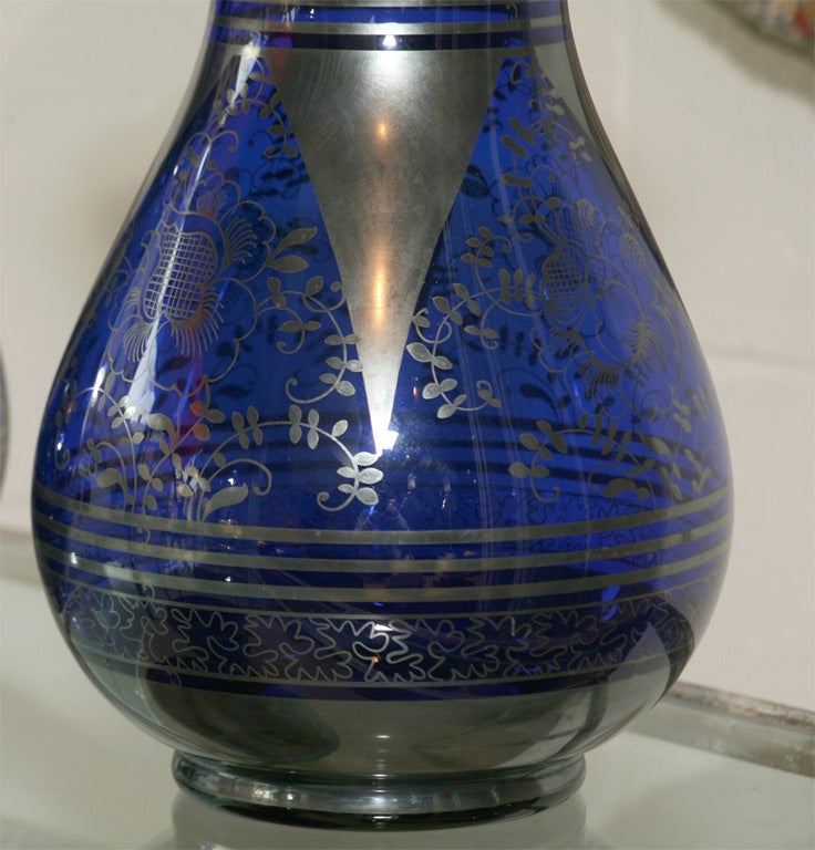 English Pair of Luminous Cobalt Blue Glass and Silver Vases