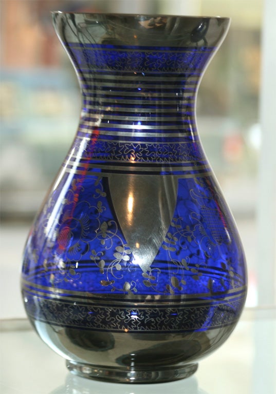 20th Century Pair of Luminous Cobalt Blue Glass and Silver Vases