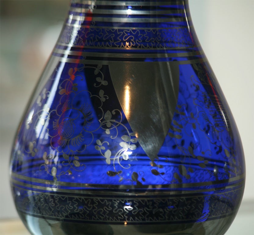 Pair of Luminous Cobalt Blue Glass and Silver Vases 1