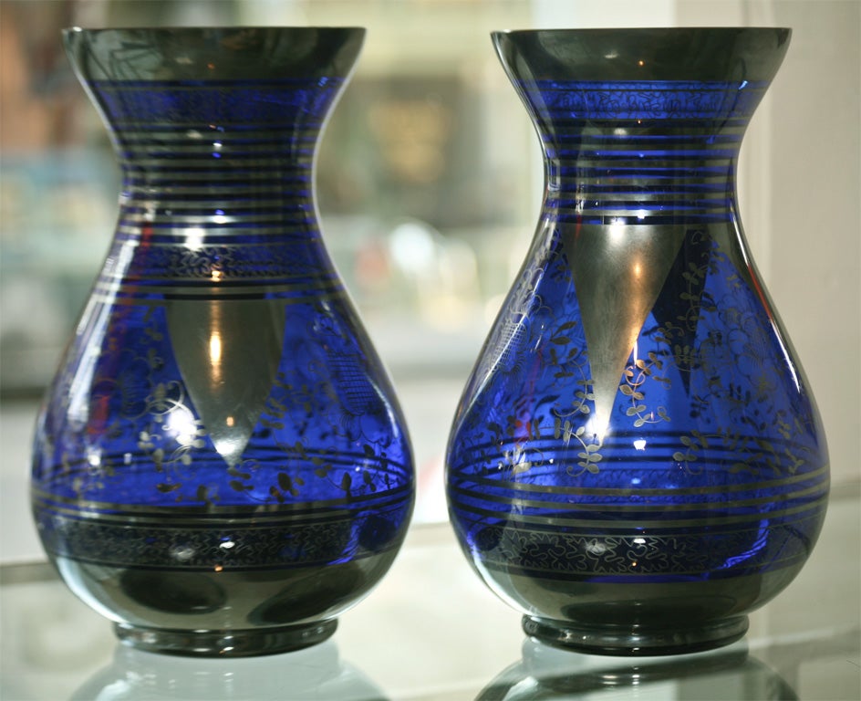 Pair of Luminous Cobalt Blue Glass and Silver Vases 2