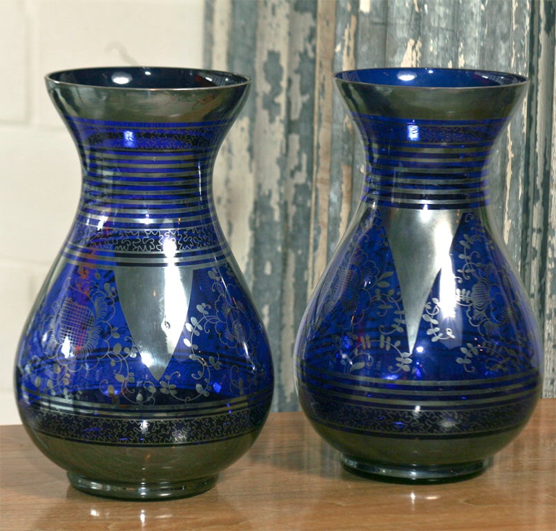 Pair of Luminous Cobalt Blue Glass and Silver Vases 3