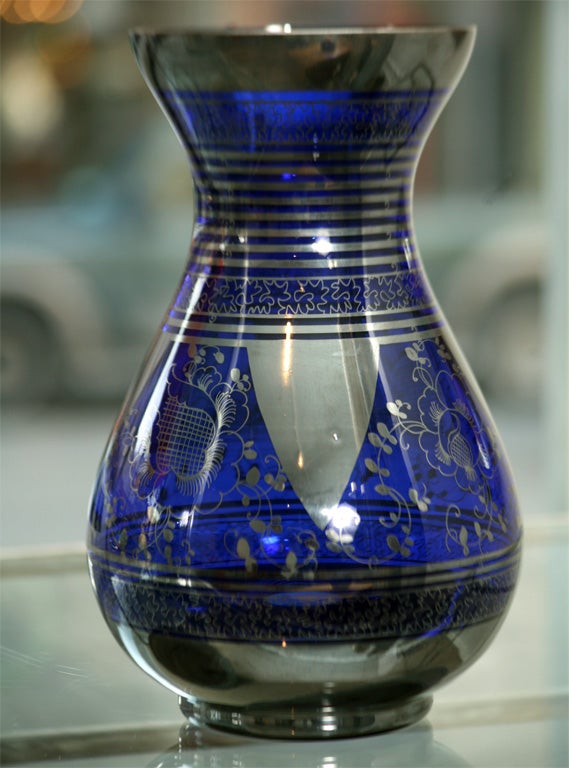 Pair of Luminous Cobalt Blue Glass and Silver Vases 4