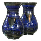 Pair of Luminous Cobalt Blue Glass and Silver Vases