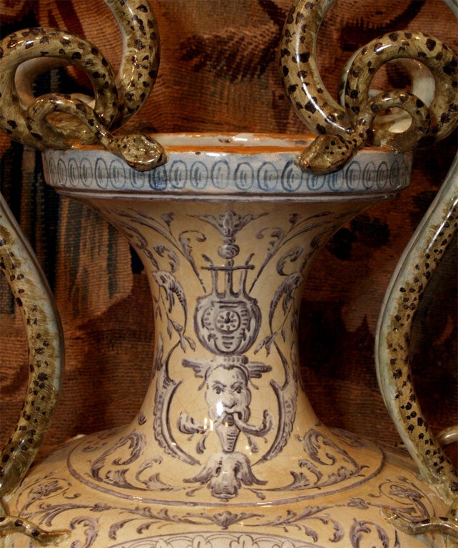 19th Century MONUMENTAL PAIR Italian Faience Vase