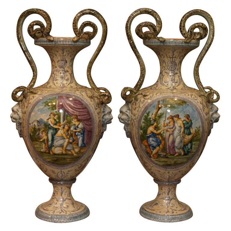 MONUMENTAL PAIR Italian Faience Vase