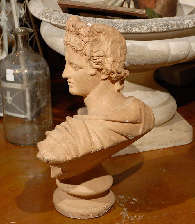 An early 20th century grecian style bust cast in concrete and painted with terra cotta