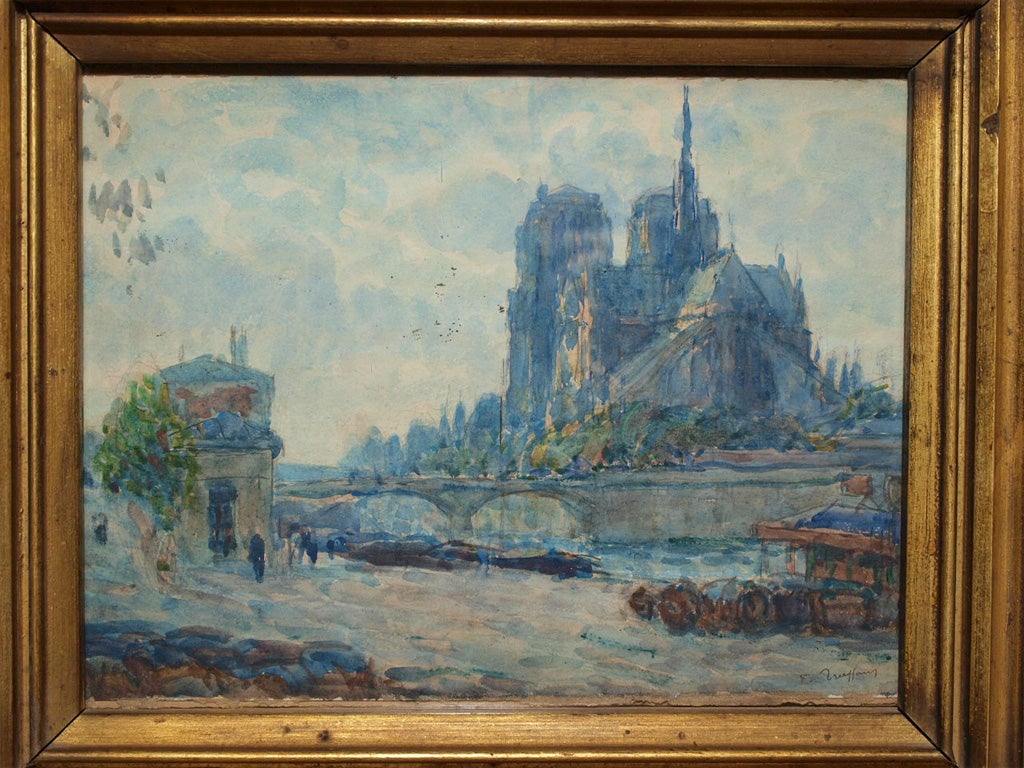 A watercolor on cardboard of Notre Dame de Paris Cathedral viewed from the southeast, on a bridge over the Seine.  Signed in the lower right corner F. Truffaut. Also signed on back Fernand Fortune Truffaut 1866-1955. Painting only measures 10 1/4 in