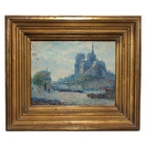Signed Watercolor "Chevet de Notre Dame" in a gilt frame