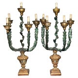 ITALIAN CARVED WOOD AND TOLE CANDLESTICKS