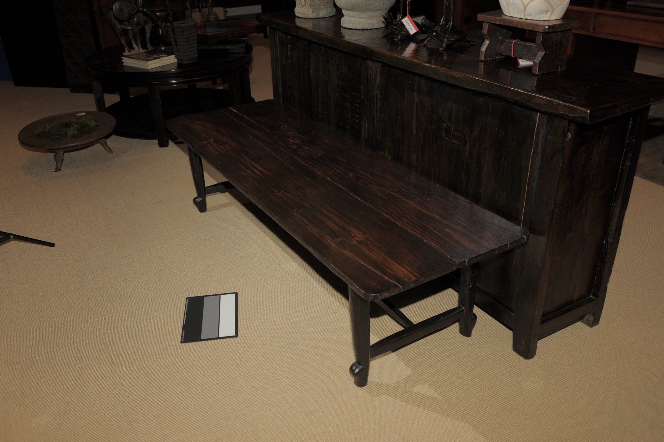 Pine wood bench from the Philippines. Functional as a bench or coffee table. Beautifully finished in dark tones.  c1920s   50842-171010