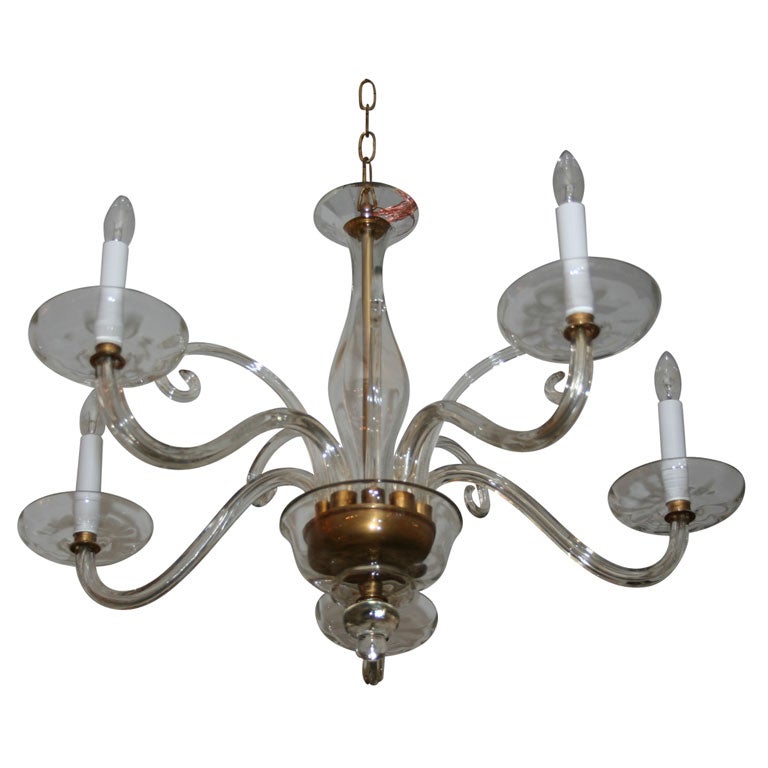 #4205 5-Arm Murano Clear Glass Chandelier *now $4, 000.00 For Sale