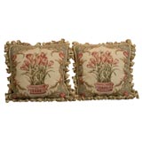 Pair of new petite point pillows with fringe in tulip design