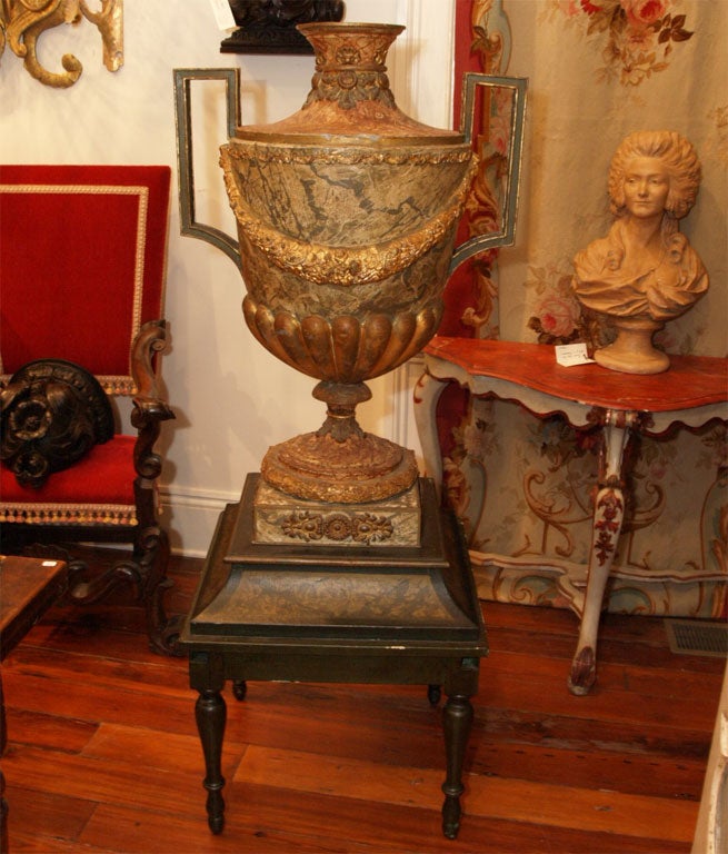 MONUMENTAL faux marble and gilt Tole Urn