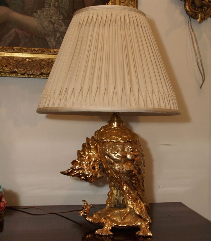 Wonderful Gilt Bronze Oil Lamp now wired as electric lamp of a cockatoo on the back of a snapping Turtle. This is amazing.