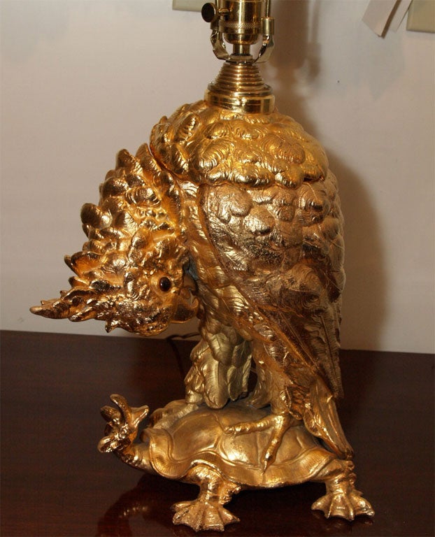 French Gilt Bronze Oil Lamp Cockatoo on Turtle 1