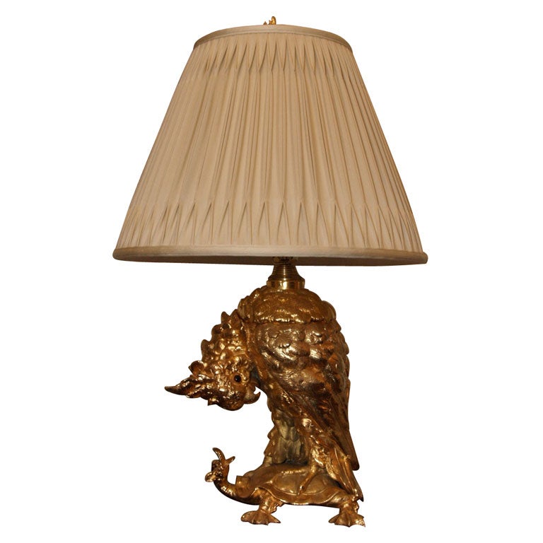 French Gilt Bronze Oil Lamp Cockatoo on Turtle