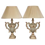 Pair Of Carved 19th C Parcel Gilt And Painted Urns Now As Lamps