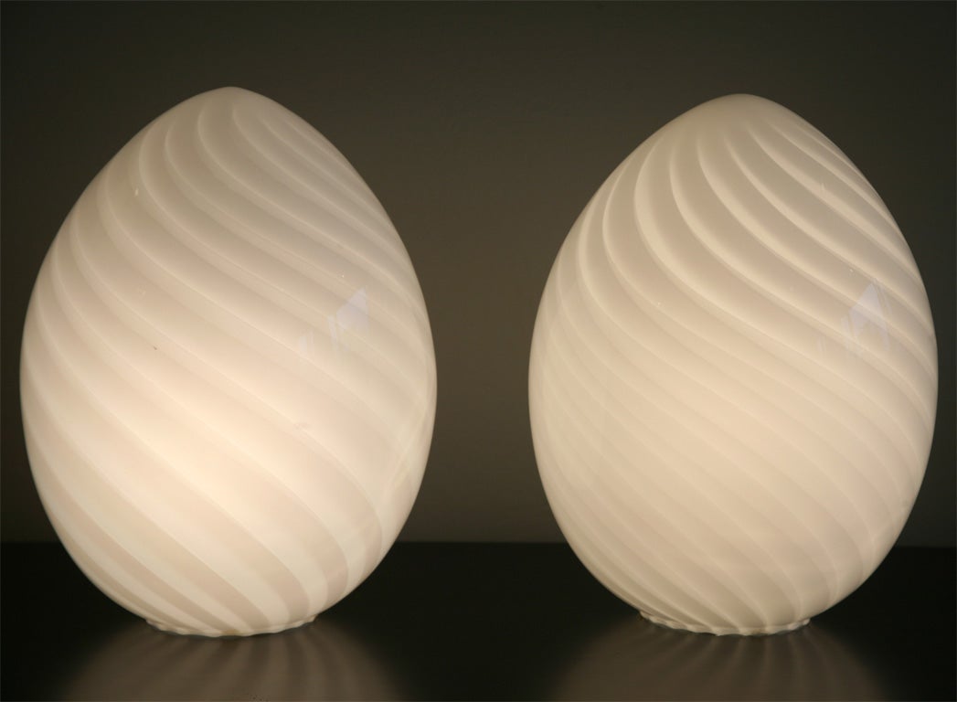 Italian Pair of White Murano Egg Lamps