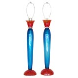 BLUE AND RED HAND BLOWN GLASS TABLE LAMPS