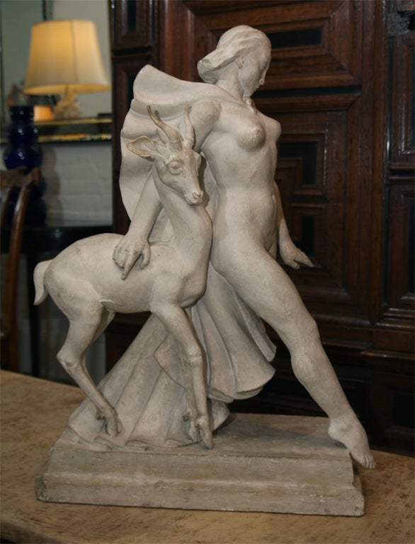 Art Deco Plaster Sculpture of Diana the Huntress and Gazelle by New York Sculptor<br />
Walter Rotan