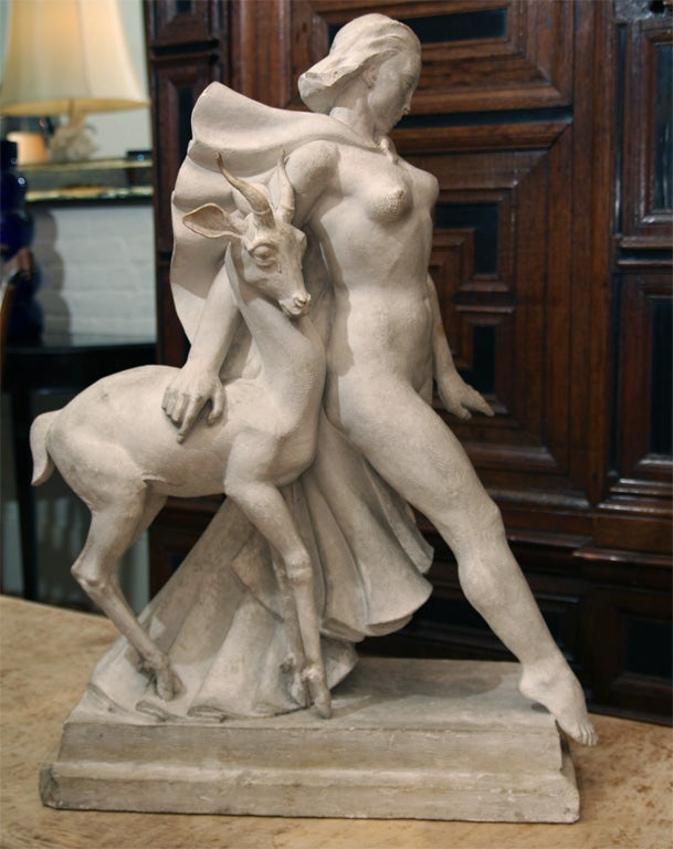 Folk Art Art Deco Plaster Sculpture of Diana the Huntress and Gazelle