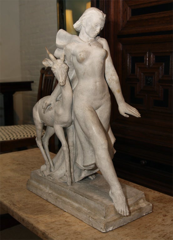 Art Deco Plaster Sculpture of Diana the Huntress and Gazelle 2