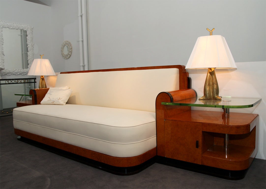 Large Art Deco one-of-a-kind Sofa with built-in Side tables<br />
by Jules Cayette (1882-1953), signed.  <br />
<br />
<br />
H of Side tables: 26”  -  D: 26 ½” <br />
<br />
Provenance: Custom designed for The residence of the Owner <br