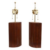 Pair of Oval Brown Leather Reeded Lamps, England, Modern Pair of Oval Brown Leather Reeded Lamps, England, Modern