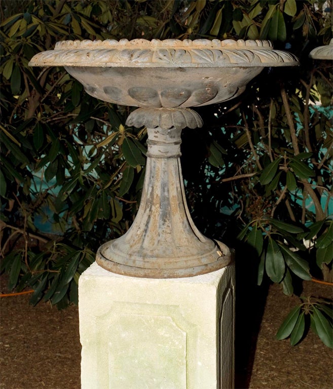 An exceptional pair of cast-iron urns with semi-lobed bowls raised on tall tapered socles.