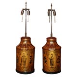 Antique A Pair of English Tole Tea Canister Lamps