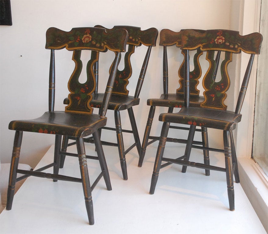 19THC SET OF FOUR ORIGINAL PAINTED BROWN CHAIRS WITH FRUIT DECOR