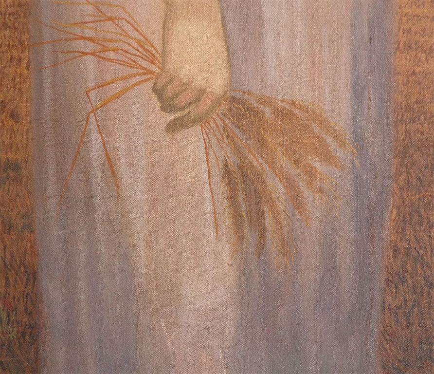 Wood EARLY AND RARE PAINTING OF RUTH HOLDING WHEAT IN A WHEAT FIELD