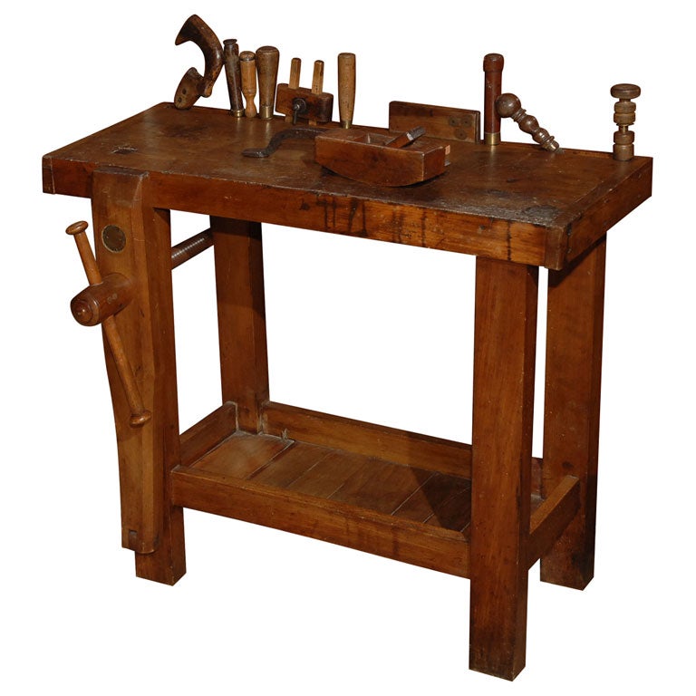 Child
s oak work bench and tools For Sale