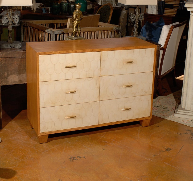 Handsome English Oak 6 drawer chest with hand cut Fish Scale Vellum fronts.<br />
<br />
To see more items from Foxglove Antiques, please visit our website: www.foxgloveantiques.com