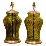 PAIR OF GREEN AND BLUE MURANO GLASS LAMPS