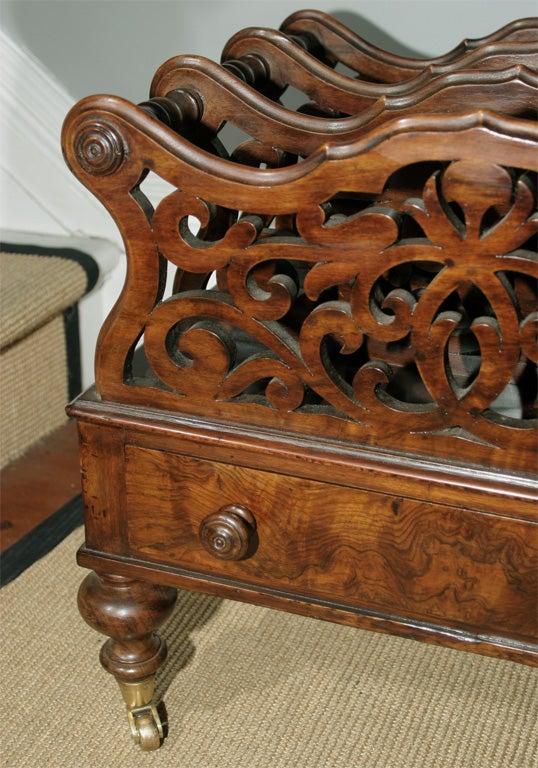 English Victorian Period Carved Burl and Figured Walnut Canterbury, circa 1870 For Sale